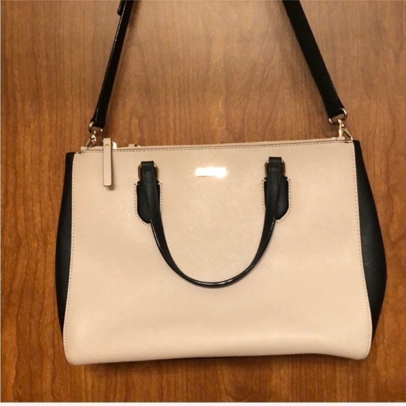 Kate Spade Cream and Black Large Leather Satchel Handbag with Crossbody Strap. - Picture 2 of 10